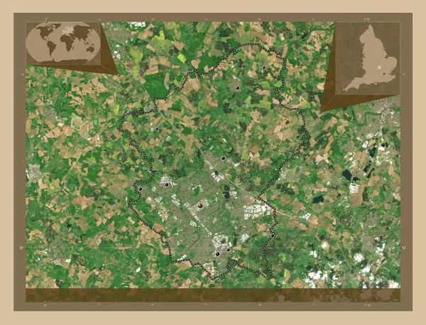 米尔顿 凯恩斯 英格兰的单一权威 大不列颠 低分辨率卫星地图 该区域主要城市的所在地点 角辅助位置图 — 图库照片
