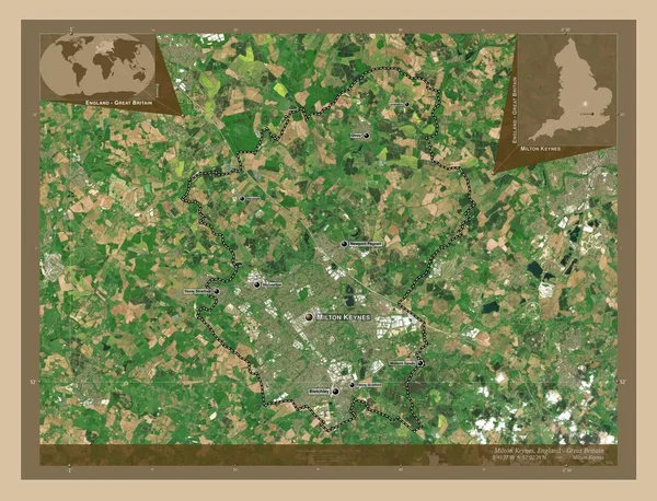ミルトン ケインズ Milton Keynes イギリスの政治家 低解像度衛星地図 地域の主要都市の位置と名前 コーナー補助位置図 — ストック写真