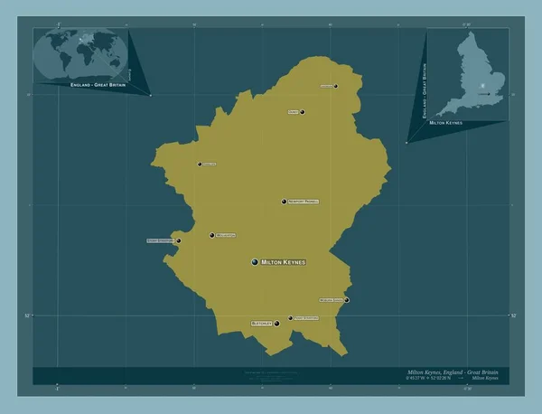 米尔顿 凯恩斯 英格兰的单一权威 大不列颠 固体的颜色形状 该区域主要城市的地点和名称 角辅助位置图 — 图库照片