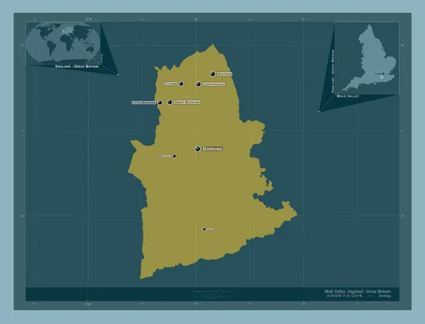 イングランドの首都圏ではない地域 モーレ バレー イギリス しっかりした色の形 地域の主要都市の位置と名前 コーナー補助位置図 — ストック写真