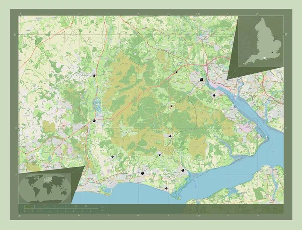 ニューフォレスト イングランドの非大都市圏 イギリス ストリートマップを開く 地域の主要都市の場所 コーナー補助位置図 — ストック写真