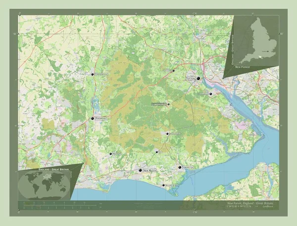 ニューフォレスト イングランドの非大都市圏 イギリス ストリートマップを開く 地域の主要都市の位置と名前 コーナー補助位置図 — ストック写真