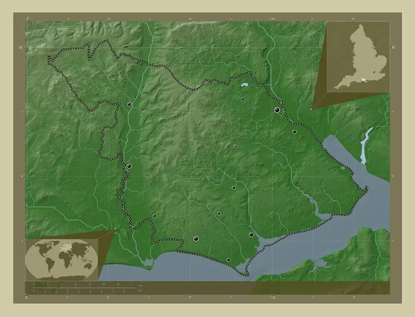 ニューフォレスト イングランドの非大都市圏 イギリス 湖や川とWikiスタイルで着色された標高マップ 地域の主要都市の場所 コーナー補助位置図 — ストック写真