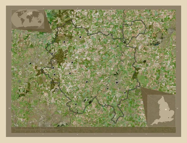 纽瓦克和舍伍德 英国非大都市地区 高分辨率卫星地图 该区域主要城市的所在地点 角辅助位置图 — 图库照片