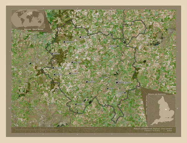 纽瓦克和舍伍德 英国非大都市地区 高分辨率卫星地图 该区域主要城市的地点和名称 角辅助位置图 — 图库照片