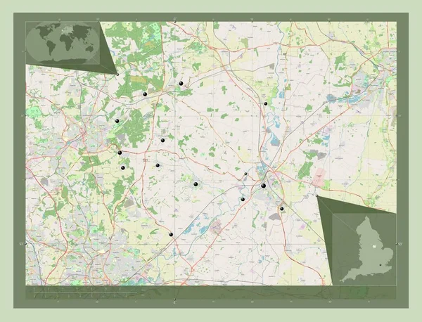 イングランドの非大都市圏であるニューアークとシャーウッド イギリス ストリートマップを開く 地域の主要都市の場所 コーナー補助位置図 — ストック写真
