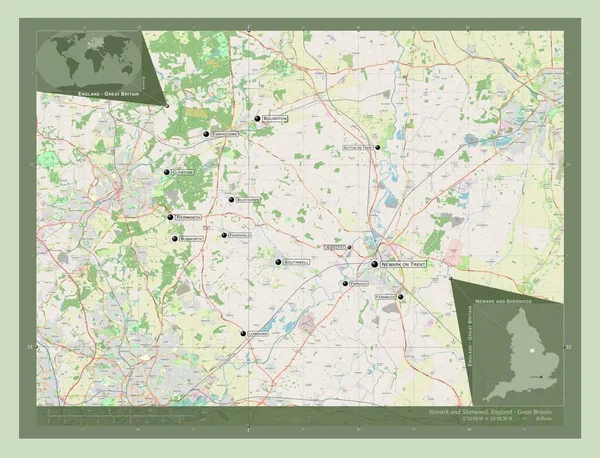 イングランドの非大都市圏であるニューアークとシャーウッド イギリス ストリートマップを開く 地域の主要都市の位置と名前 コーナー補助位置図 — ストック写真