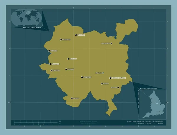 イングランドの非大都市圏であるニューアークとシャーウッド イギリス しっかりした色の形 地域の主要都市の位置と名前 コーナー補助位置図 — ストック写真