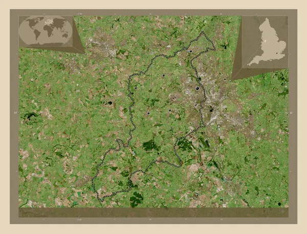 纽卡斯尔 英格兰非大都市地区 大不列颠 高分辨率卫星地图 该区域主要城市的所在地点 角辅助位置图 — 图库照片