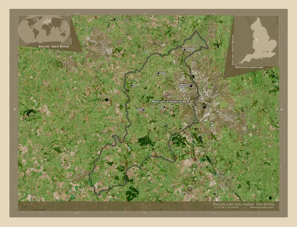 ニューカッスル アンダー ライム イギリスの非大都市圏 高解像度衛星地図 地域の主要都市の位置と名前 コーナー補助位置図 — ストック写真