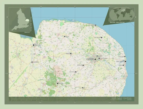 ノーフォーク イングランドの行政郡 イギリス ストリートマップを開く 地域の主要都市の位置と名前 コーナー補助位置図 — ストック写真
