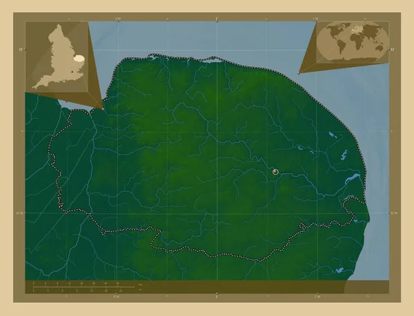 Норфолк Административный Округ Англии Великобритания Цветная Карта Высоты Озерами Реками — стоковое фото