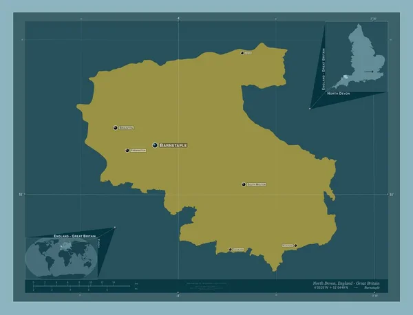 北デヴォン イギリスの非大都市圏 イギリス しっかりした色の形 地域の主要都市の位置と名前 コーナー補助位置図 — ストック写真