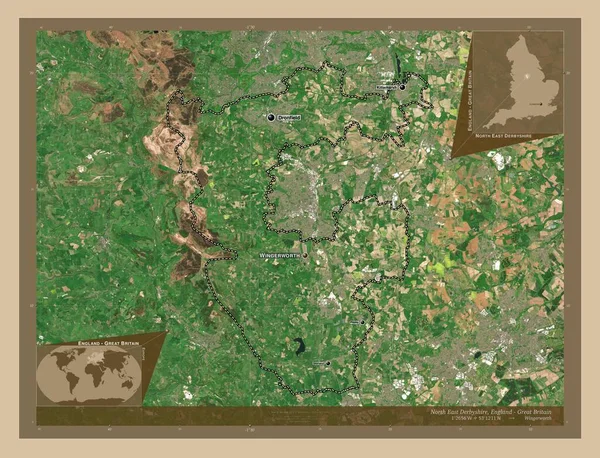 英格兰东北部德比郡 非大都市地区 大不列颠 低分辨率卫星地图 该区域主要城市的地点和名称 角辅助位置图 — 图库照片