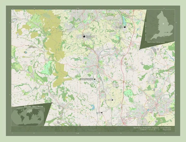 英格兰东北部德比郡 非大都市地区 大不列颠 开放街道地图 该区域主要城市的地点和名称 角辅助位置图 — 图库照片