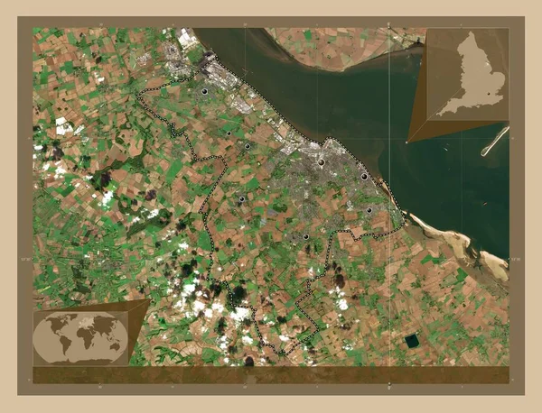 东北林肯郡 英格兰的单一政权 大不列颠 低分辨率卫星地图 该区域主要城市的所在地点 角辅助位置图 — 图库照片