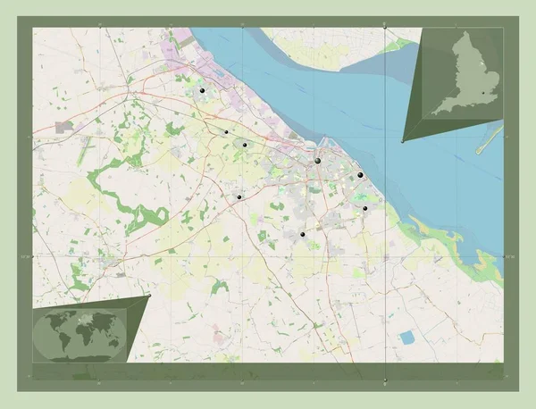 北東部リンカーンシャー イギリスの統一当局 イギリス ストリートマップを開く 地域の主要都市の場所 コーナー補助位置図 — ストック写真