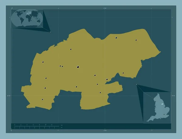 北林肯郡 英格兰的单一政权 大不列颠 固体的颜色形状 该区域主要城市的所在地点 角辅助位置图 — 图库照片