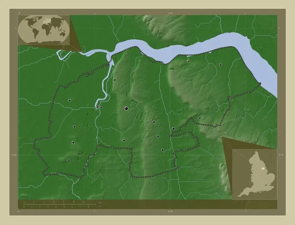 北林肯郡 英格兰的单一政权 大不列颠 用Wiki风格绘制的带有湖泊和河流的高程地图 该区域主要城市的所在地点 角辅助位置图 — 图库照片