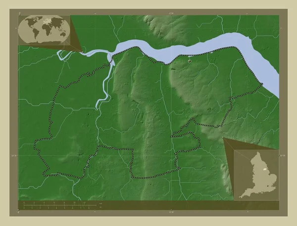 北林肯郡 英格兰的单一政权 大不列颠 用Wiki风格绘制的带有湖泊和河流的高程地图 角辅助位置图 — 图库照片