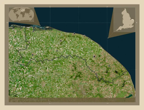 イギリスの首都圏ではないノーフォーク北部 イギリス 高解像度衛星地図 地域の主要都市の場所 コーナー補助位置図 — ストック写真