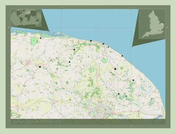 イギリスの首都圏ではないノーフォーク北部 イギリス ストリートマップを開く 地域の主要都市の場所 コーナー補助位置図 — ストック写真
