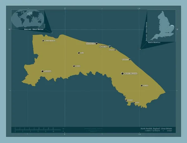 イギリスの首都圏ではないノーフォーク北部 イギリス しっかりした色の形 地域の主要都市の位置と名前 コーナー補助位置図 — ストック写真