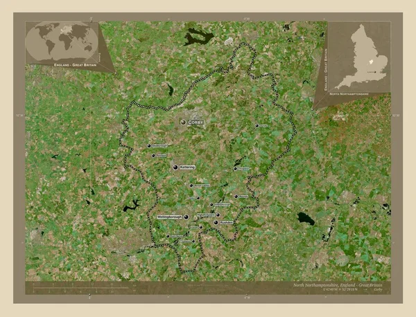 北安普敦郡 英格兰的单一政权 大不列颠 高分辨率卫星地图 该区域主要城市的地点和名称 角辅助位置图 — 图库照片