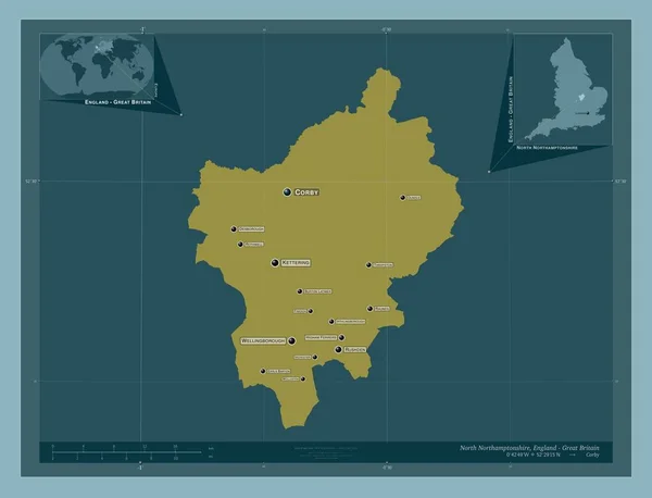 北安普敦郡 英格兰的单一政权 大不列颠 固体的颜色形状 该区域主要城市的地点和名称 角辅助位置图 — 图库照片