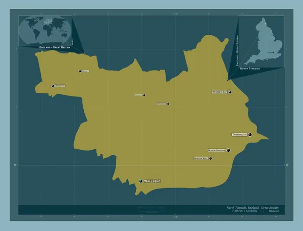 北Tyneside 英格兰行政区划 大不列颠 固体的颜色形状 该区域主要城市的地点和名称 角辅助位置图 — 图库照片