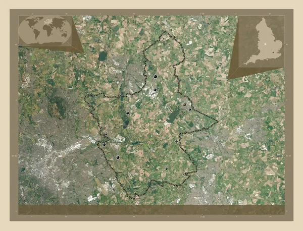 北沃里克郡 英格兰的非大都市地区 大不列颠 高分辨率卫星地图 该区域主要城市的所在地点 角辅助位置图 — 图库照片