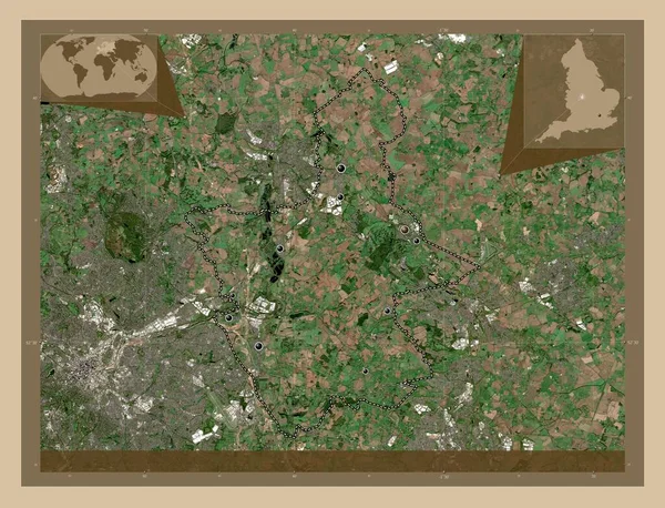 北沃里克郡 英格兰的非大都市地区 大不列颠 低分辨率卫星地图 该区域主要城市的所在地点 角辅助位置图 — 图库照片