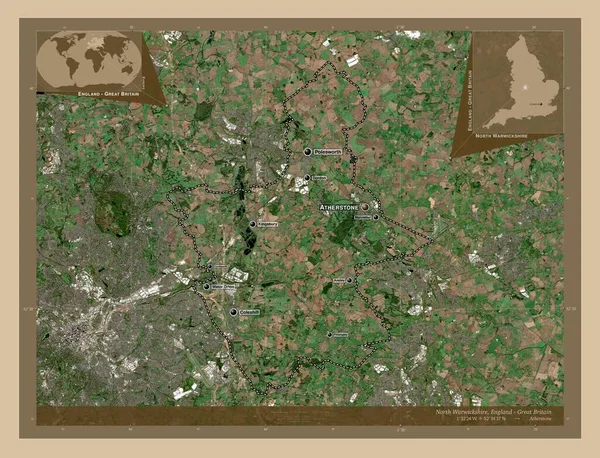 イギリスの首都圏ではない地区 ノース ウォリックシャー イギリス 低解像度衛星地図 地域の主要都市の位置と名前 コーナー補助位置図 — ストック写真
