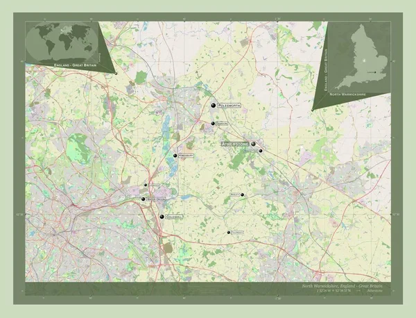 イギリスの首都圏ではない地区 ノース ウォリックシャー イギリス ストリートマップを開く 地域の主要都市の位置と名前 コーナー補助位置図 — ストック写真