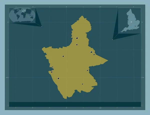 イギリスの首都圏ではない地区 ノース ウォリックシャー イギリス しっかりした色の形 地域の主要都市の場所 コーナー補助位置図 — ストック写真