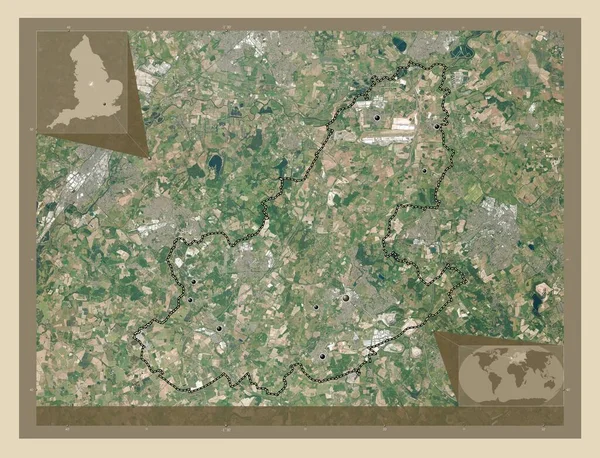 北西部レスターシャー イギリスの非大都市圏 イギリス 高解像度衛星地図 地域の主要都市の場所 コーナー補助位置図 — ストック写真