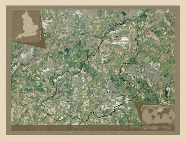 英格兰西北部莱斯特郡 非大都市地区 大不列颠 高分辨率卫星地图 该区域主要城市的地点和名称 角辅助位置图 — 图库照片
