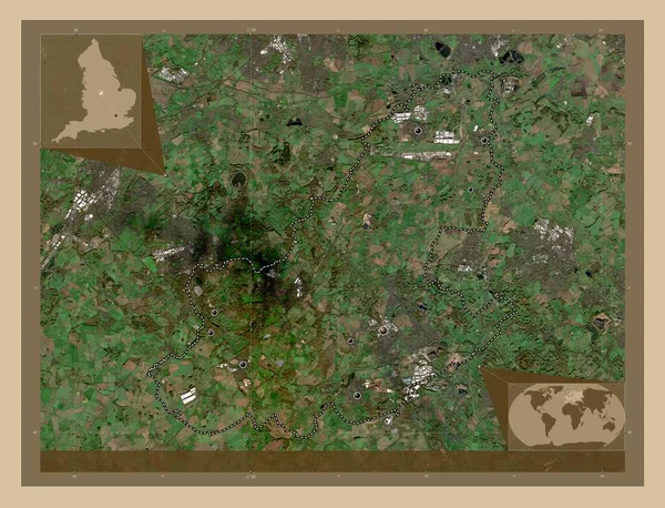 北西部レスターシャー イギリスの非大都市圏 イギリス 低解像度衛星地図 地域の主要都市の場所 コーナー補助位置図 — ストック写真