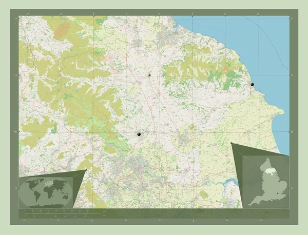 北约克郡 英格兰的行政区划 大不列颠 开放街道地图 该区域主要城市的所在地点 角辅助位置图 — 图库照片
