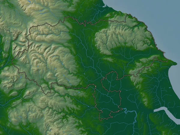 stock image North Yorkshire, administrative county of England - Great Britain. Colored elevation map with lakes and rivers