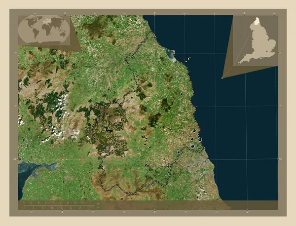 诺森伯兰 英格兰行政区划 大不列颠 高分辨率卫星地图 该区域主要城市的所在地点 角辅助位置图 — 图库照片