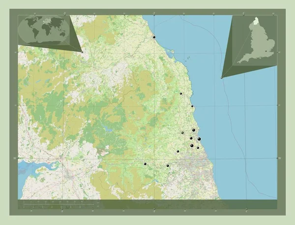诺森伯兰 英格兰行政区划 大不列颠 开放街道地图 该区域主要城市的所在地点 角辅助位置图 — 图库照片