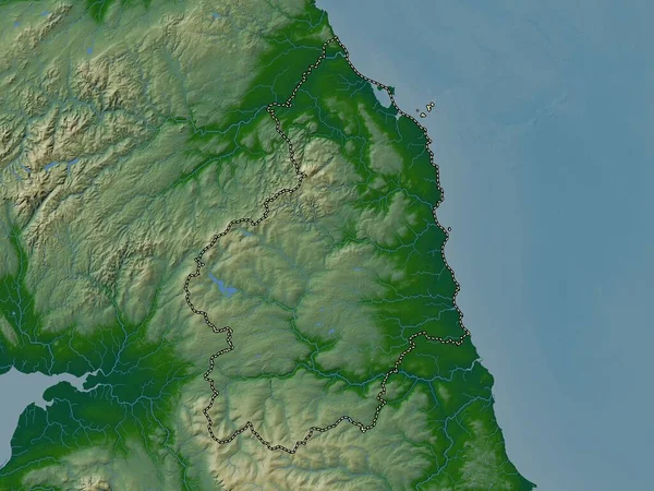 イングランドの行政郡ノーサンバーランド イギリス 湖や川と色の標高マップ — ストック写真