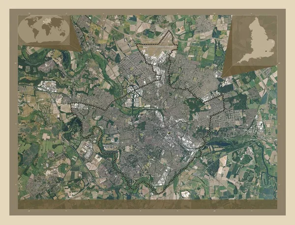 イギリスの首都圏ではない地域 ノリッジ イギリス 高解像度衛星地図 地域の主要都市の場所 コーナー補助位置図 — ストック写真