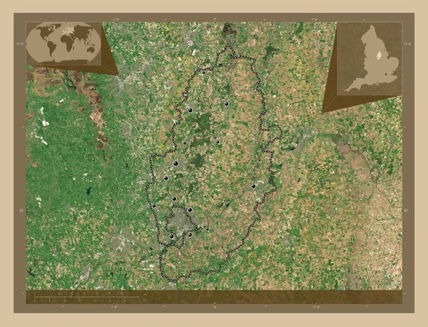イギリスの行政郡ノッティンガムシャー 英語版 イギリス 低解像度衛星地図 地域の主要都市の場所 コーナー補助位置図 — ストック写真