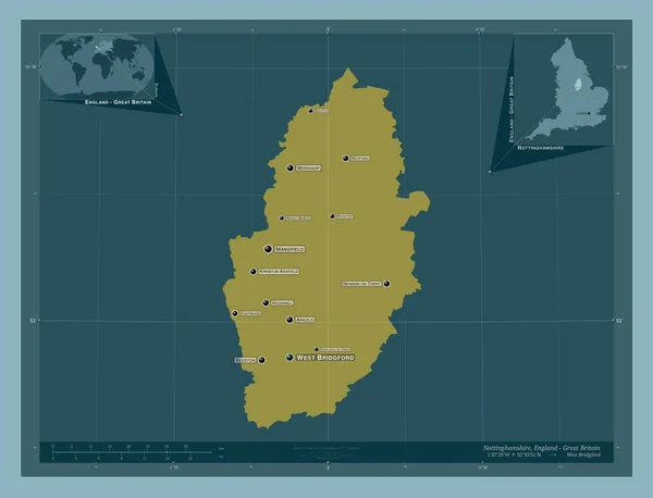 イギリスの行政郡ノッティンガムシャー 英語版 イギリス しっかりした色の形 地域の主要都市の位置と名前 コーナー補助位置図 — ストック写真
