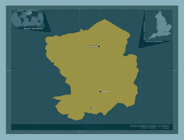ヌネアトンとベドワース イングランドの非大都市圏 イギリス しっかりした色の形 地域の主要都市の位置と名前 コーナー補助位置図 — ストック写真