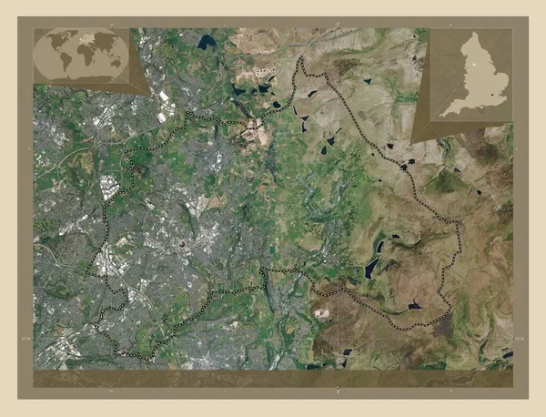 Oldham, administrative county of England - Great Britain. High resolution satellite map. Corner auxiliary location maps