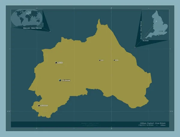 イギリスの行政郡 オールダム イギリス しっかりした色の形 地域の主要都市の位置と名前 コーナー補助位置図 — ストック写真