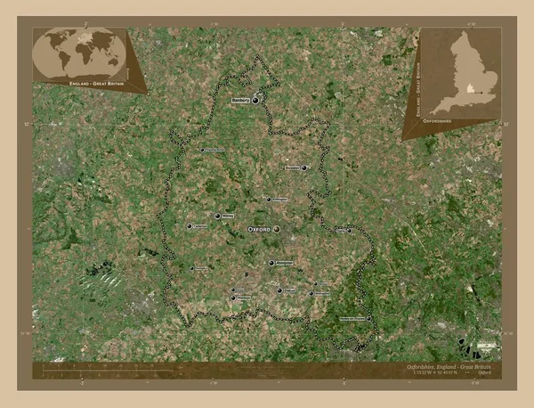 牛津郡 英格兰的行政区划 大不列颠 低分辨率卫星地图 该区域主要城市的地点和名称 角辅助位置图 — 图库照片